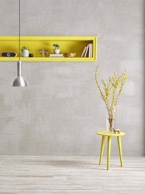 Gri taş duvar sarı niş kahve masası ve bitki süslemesi vazosu..