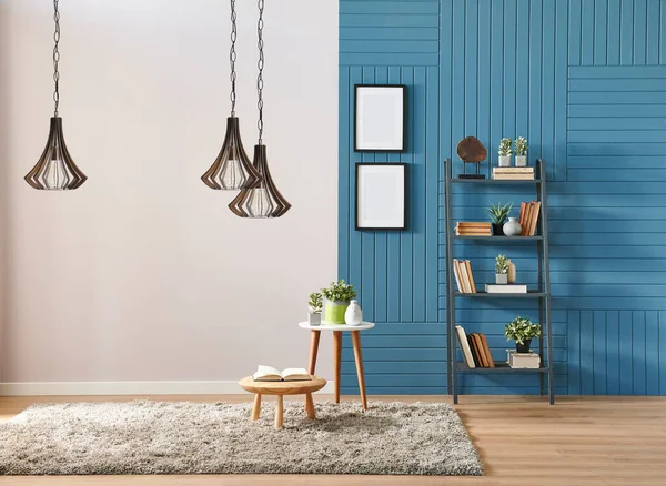 Blau Weißes Wandkonzept Mit Regalrahmen Und Lampe — Stockfoto