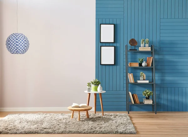 Blau Weißes Wandkonzept Mit Regalrahmen Und Lampe — Stockfoto