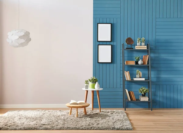 Blau Weißes Wandkonzept Mit Regalrahmen Und Lampe — Stockfoto