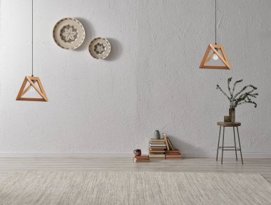 Gri taş duvar, halı sandalye ve lamba konsepti.