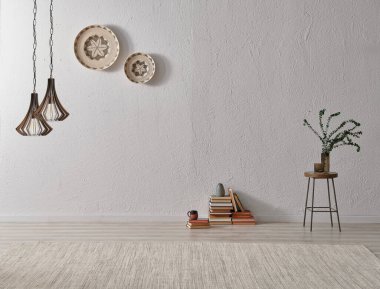 Gri taş duvar, halı sandalye ve lamba konsepti.