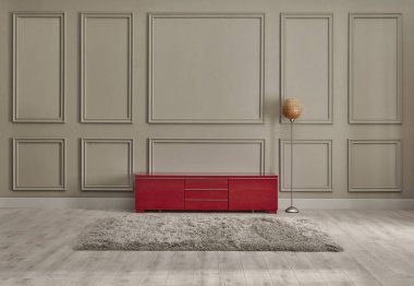 Kırmızı televizyon ünitesi, lamba halısı ve sandalye tarzıyla kahverengi iç ve klasik duvar arka planı.