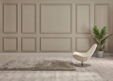 Klasik kahverengi duvar arka planı, iç mekan, sandalye stili halı, bitki yetiştirme vazosu..