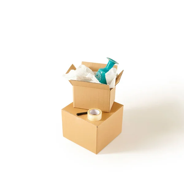 Brązowe Pudełko Kartonowe Izolowane Białym Tle Obiekt Domowy Styl Ruchu — Zdjęcie stockowe