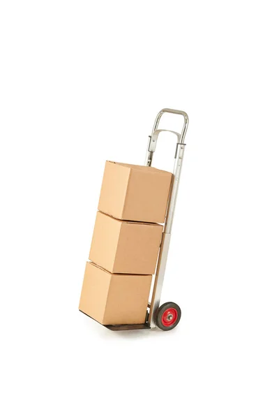 Blue Hand Truck Trolley Cardboard Package Box Isolated White Background — Stock Photo, Image