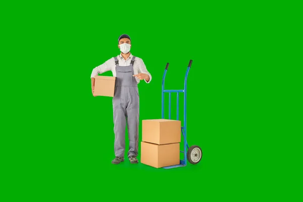 Delivery Transporter Man Holding Cardboard Box Blue Hand Truck Colorful — Stock Photo, Image