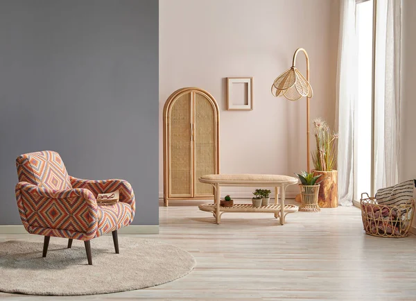Holzmöbel Sofa Und Schrank Stil Dekoratives Wohnzimmer Lampe Und Rahmen — Stockfoto