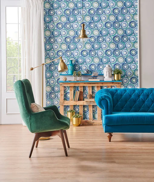 Azul Clássico Sofá Mobiliário Home Design Lâmpada Ouro Mesa Meio — Fotografia de Stock