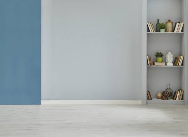 Gri ve mavi duvar arka plan odası, ahşap mobilya masası ve sandalye konsepti, kahverengi dolap ve raf tarzı, iç dekorasyon.