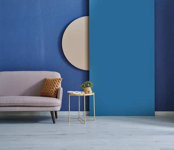 Fond Mural Bleu Mur Pierre Concept Rond Avec Canapé Table — Photo