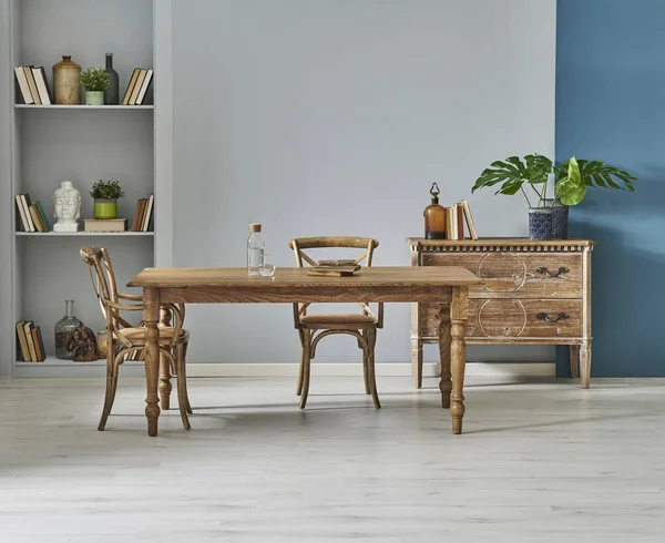 灰色和蓝色墙背景房 木制家具桌子和椅子概念 棕色橱柜和架子风格 室内装饰 — 图库照片