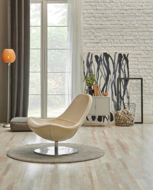 Sandalye dolabı ve poster tarzı modern oturma odası konsepti, parke lamba dizaynında halı..