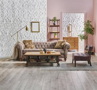 Beyaz tuğla ve pembe duvar zemininin önünde battaniye ve yastıklı gri ve kahverengi kanepe, altın lamba, çerçeve ve kitaplık, ahşap dolap tarzı, ev içi konsept.