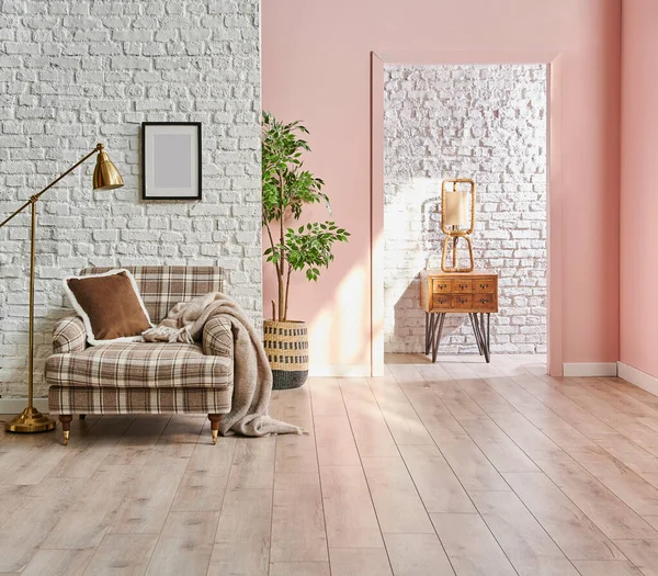 Decoratieve Kamer Roze Witte Bakstenen Muur Concept Fauteuil Frame Plant — Stockfoto