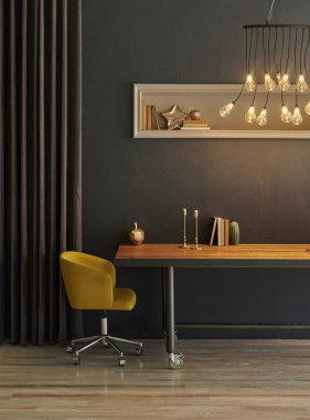 Gri arkaplan taşı duvar, ahşap masa ve altın süs, dekoratif lamba ile dekoratif ışık ile ev nesnesi perde tarzı.