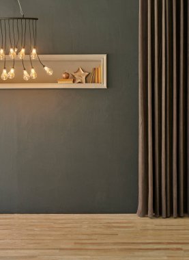 Gri arkaplan taşı duvar, sandalye ve altın süs, dekoratif lamba ile dekoratif perde stili ev eşyası.