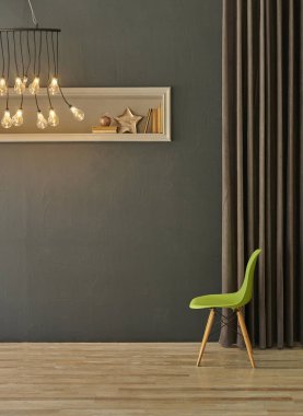 Gri arkaplan taşı duvar, yeşil sandalye ve altın süs, dekoratif lamba ve perde stili ev eşyası..