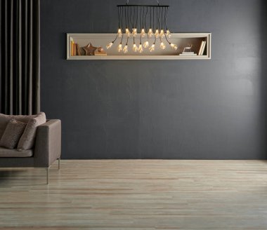 Ev eşyası vazosu, bitki stili, koltuk mobilyası ve iç mekan konsepti olan gri beton duvar arkaplanı..