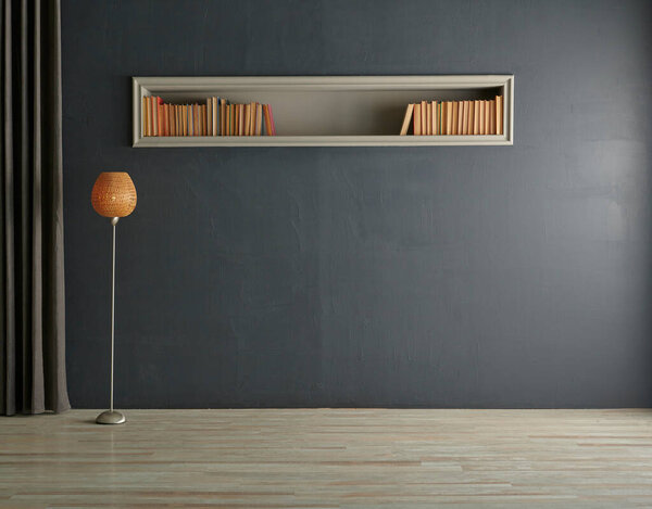 Серая каменная стена и ниша книги оранжевый стиль лампы.