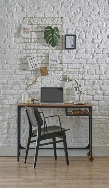 Sala Lavoro Decorativa Con Muro Mattoni Sedia Laptop Stile Home — Foto Stock