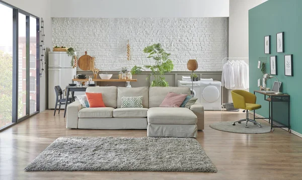 Modernes Sofa Dekorativen Raum Küchenhintergrund Ziegelwandkonzept Wohndesign Innenraum — Stockfoto