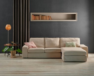 Kanepe ve perde dekorlu gri taş duvar, bitki vazosu, turuncu lamba tarzı, ev tasarımı..