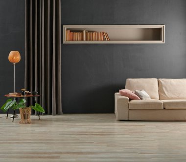 Kanepe ve perde dekorlu gri taş duvar, bitki vazosu, turuncu lamba tarzı, ev tasarımı..