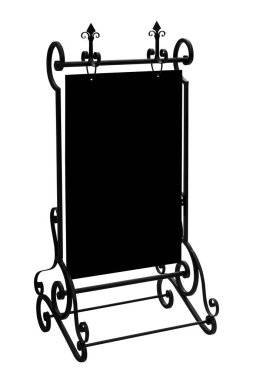 Beyaz arkaplanda izole edilmiş klasik çelik çerçeve üzerindeki siyah menü tahtası kırpma yolu ile çalışıyor.