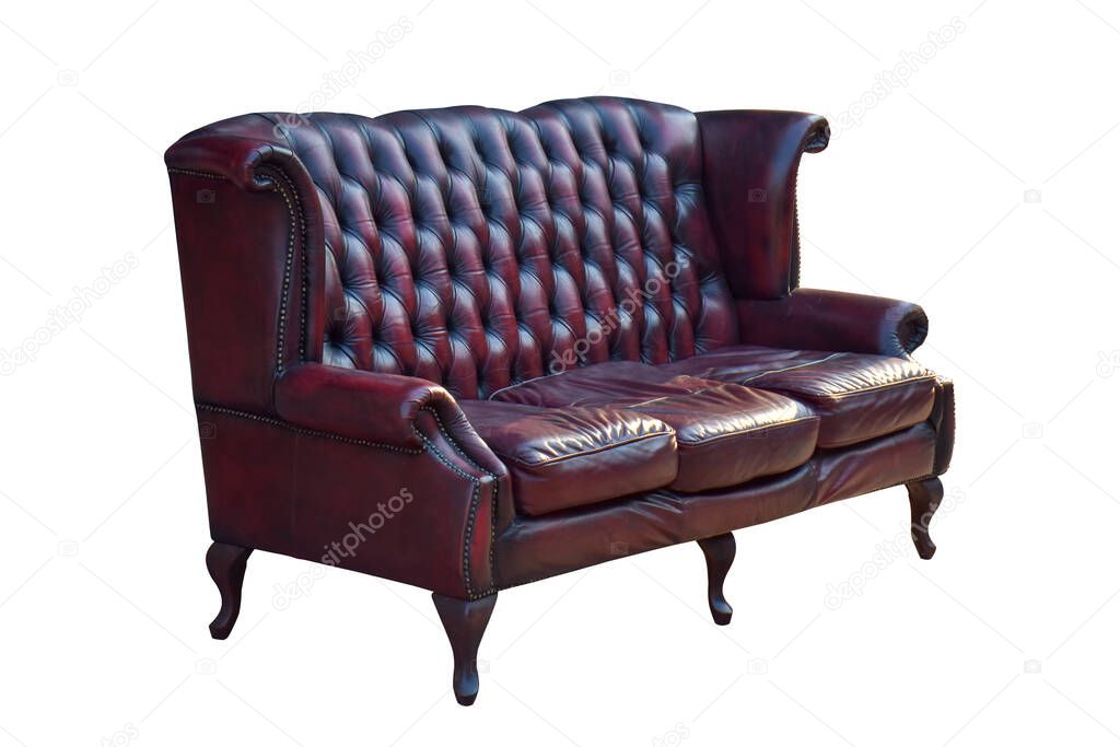 Vintage luxury leather sofa isolated on white backgrounds work with clipping path.