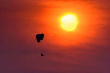 Paramotor 'un silueti süzülüyor ve gün batımının yumuşak gökyüzünde havada uçuyor. Paramotor bu ekstrem bir spor