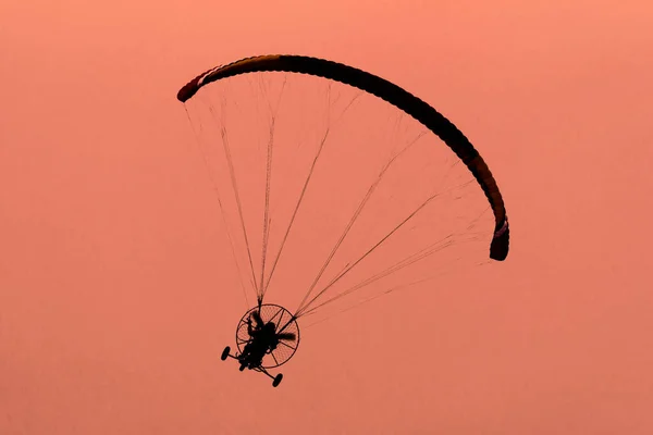 Silhouette of the Paramotor gliding and flying In the air through soft sunlight sky. Paramotor it is extreme sport