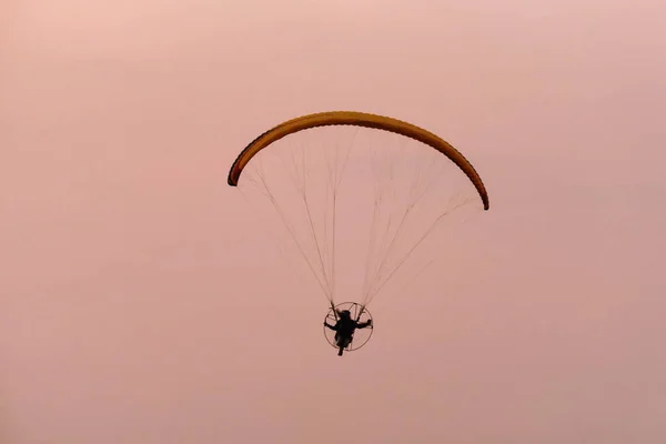 Silhouette of the Paramotor gliding and flying In the air through soft sunlight sky. Paramotor it is extreme sport