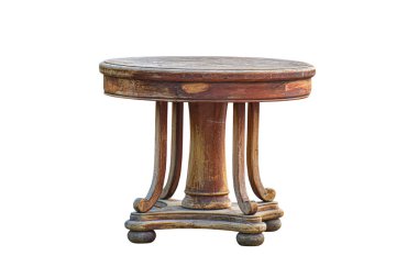 Beyaz arka planda izole edilmiş antika ahşap yuvarlak masa kırpma yolu ile çalışır.