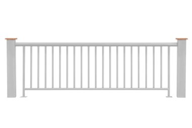 Kırpma yolu olan çelik korkuluklar beyaz arkaplanda izole edildi.