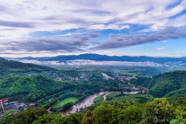 Vista Aérea Ciudad Tha Ton Valle Con Ríos Casas Gente —  Fotos de Stock