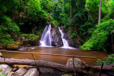 Leva veya Rak Jung Na mon Şelalesi Wiang Haeng Bölgesi, Chiang Mai, Tayland 'da Ban Na mon' da. Derin yağmur ormanlarındaki şelalede