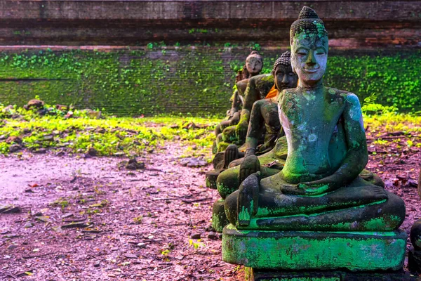 タイのチェンマイにあるU Mong寺にある古代のそばかす仏像 梅雨時に苔のある古い仏像 — ストック写真