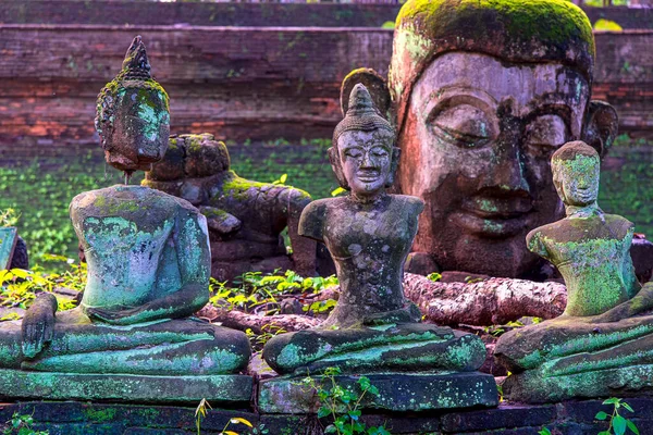 Chiang Mai, Tayland 'daki U Mong Tapınağı' nda Antik Enkaz Buda Heykeli. Yağmur mevsiminde üzerinde yosun olan eski bir Buda resmi.. 