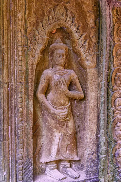 Detail Basreliéfní Plastiky Zdi Starobylého Chrámu Prohm Oblasti Angkor Thom — Stock fotografie