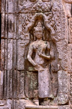 Angkor Thom Area, Siem Reap, Kamboçya 'daki Antik Ta Prohm Tapınağı' nın duvarına yapılan yardım heykelinin ayrıntıları. Siem Reap, Kamboçya 'da popüler seyahat. 