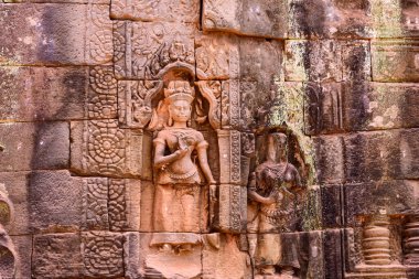 Angkor Thom Area, Siem Reap, Kamboçya 'daki Antik Ta Prohm Tapınağı' nın duvarına yapılan yardım heykelinin ayrıntıları. Siem Reap, Kamboçya 'nın popüler seyahat yeri. 