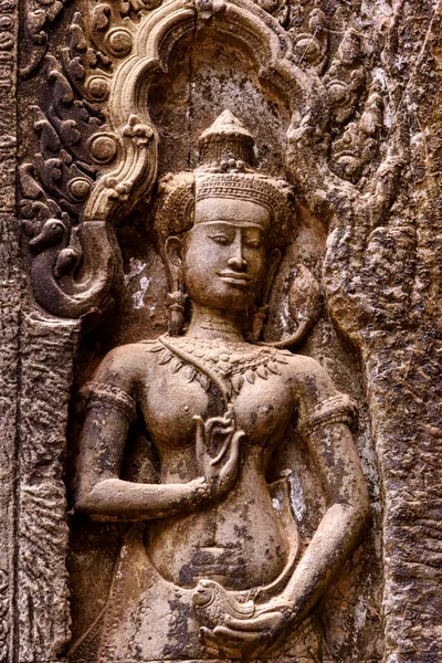 Detalle Escultura Bajorrelieve Pared Del Antiguo Templo Prohm Área Angkor — Foto de Stock