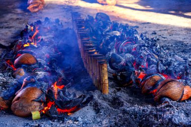 Geleneksel Khao Lam Nong Mon yemekleri Baan Nong Mon, Bang Saen, Tayland 'da hindistan cevizi kabuklarını yakıt olarak kullanır. Yanan Khao Lam, Tayland bambu tüpü tatlı kremalı pirinç tatlısı.