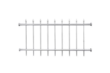 Paslanmaz çelik çit, kesme yolu olan beyaz arkaplanda izole edilmiş.