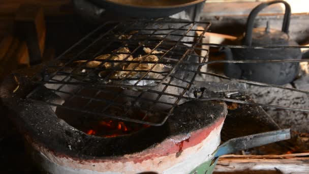 Grilling mackerel fish. — Stock Video