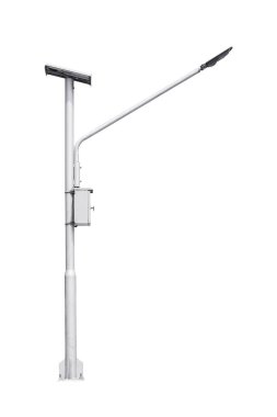 Sokak lambası direği ve güneş panelleri kırpma yolu olan beyaz bir arkaplanda izole edildi.