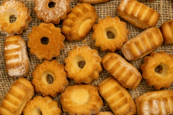 Homemade Shortbread Cookies Coarse Burlap Close Tea Party — Stock Photo, Image