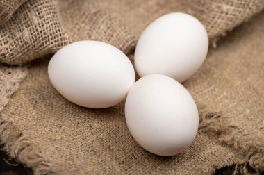 Kabataslak desenli ev yapımı kumaşın arka planında tavuk yumurtası. Yakın çekim, seçici odaklanma