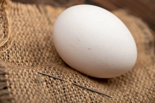 A chicken egg and a sewing needle on a homespun fabric with a rough texture. Close-up, selective focus.